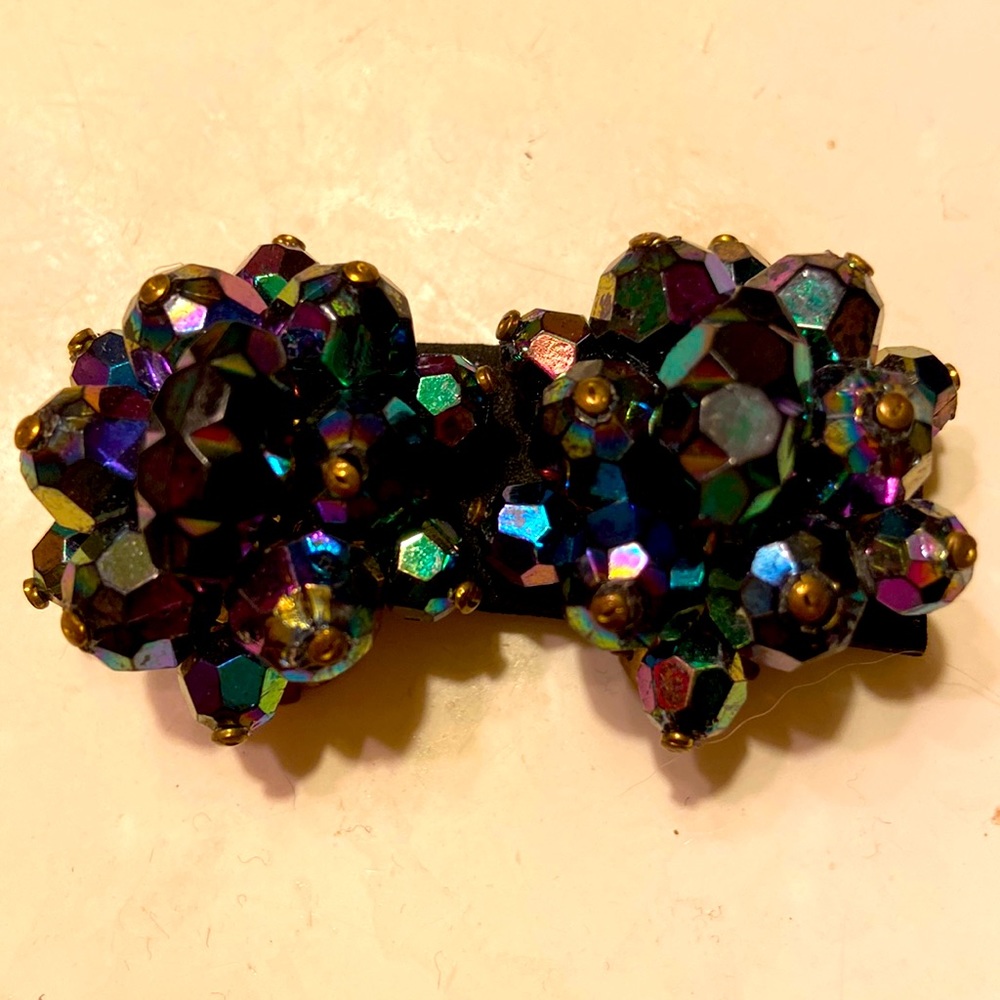 Vtg Made in Austria Cluster Floral Aurora Borealis Beaded Clip On Earrings